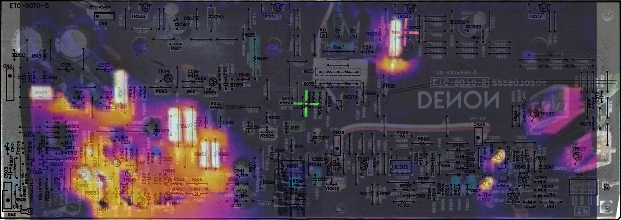 Denon POA 2200 PCB layout left power amp channel overlay with inside pic and FLIR flipped v03