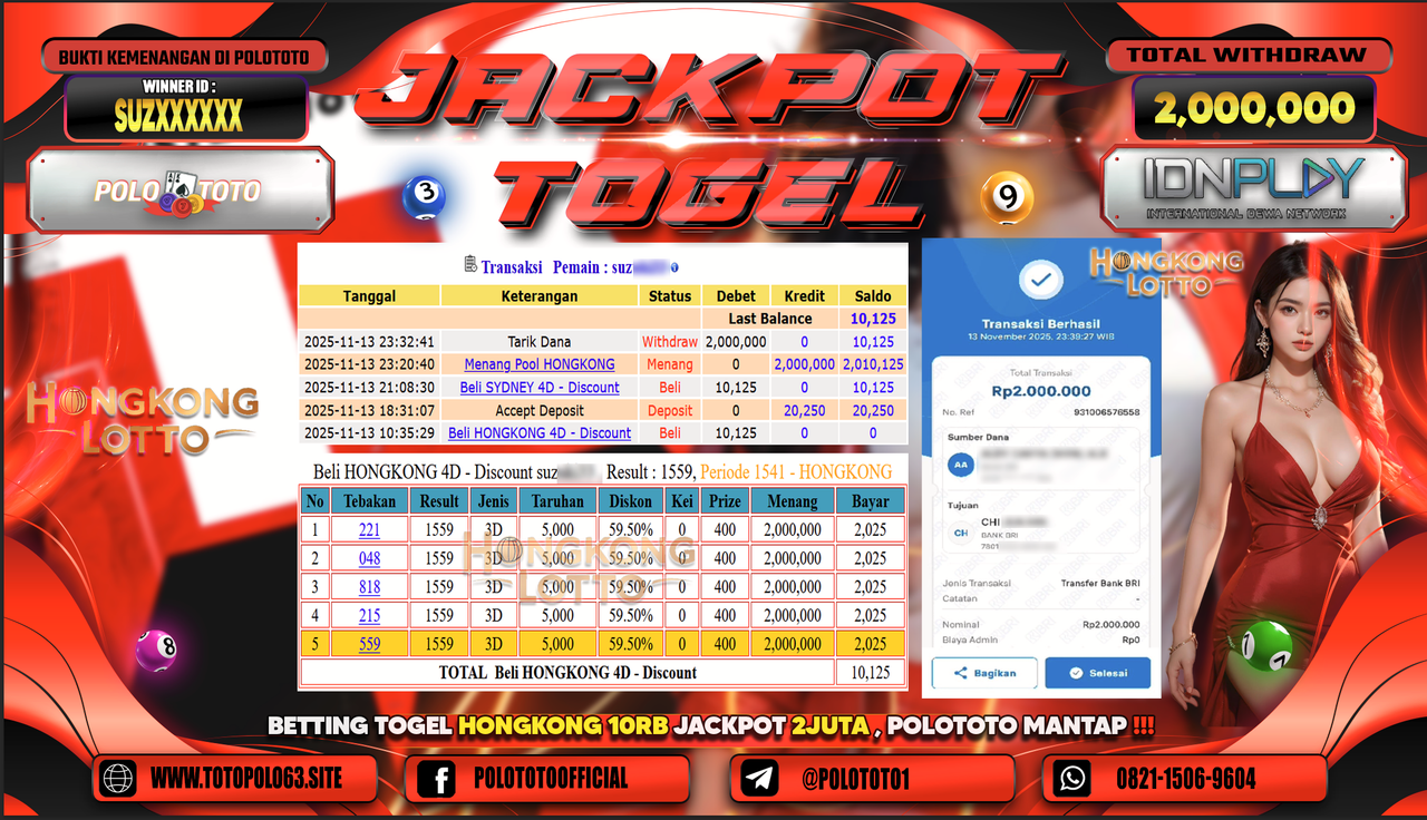 POLOTOTO JACKPOT MENANG TOGEL HONGKONG LOTTO Rp.2.000.000,- LUNAS