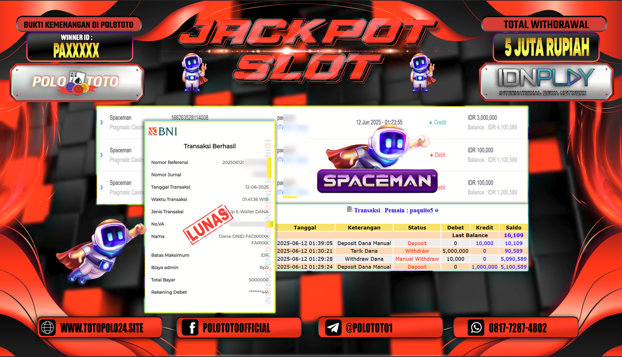 POLOTOTO JACKPOT SLOT SPACEMAN Rp.5.000.000,-