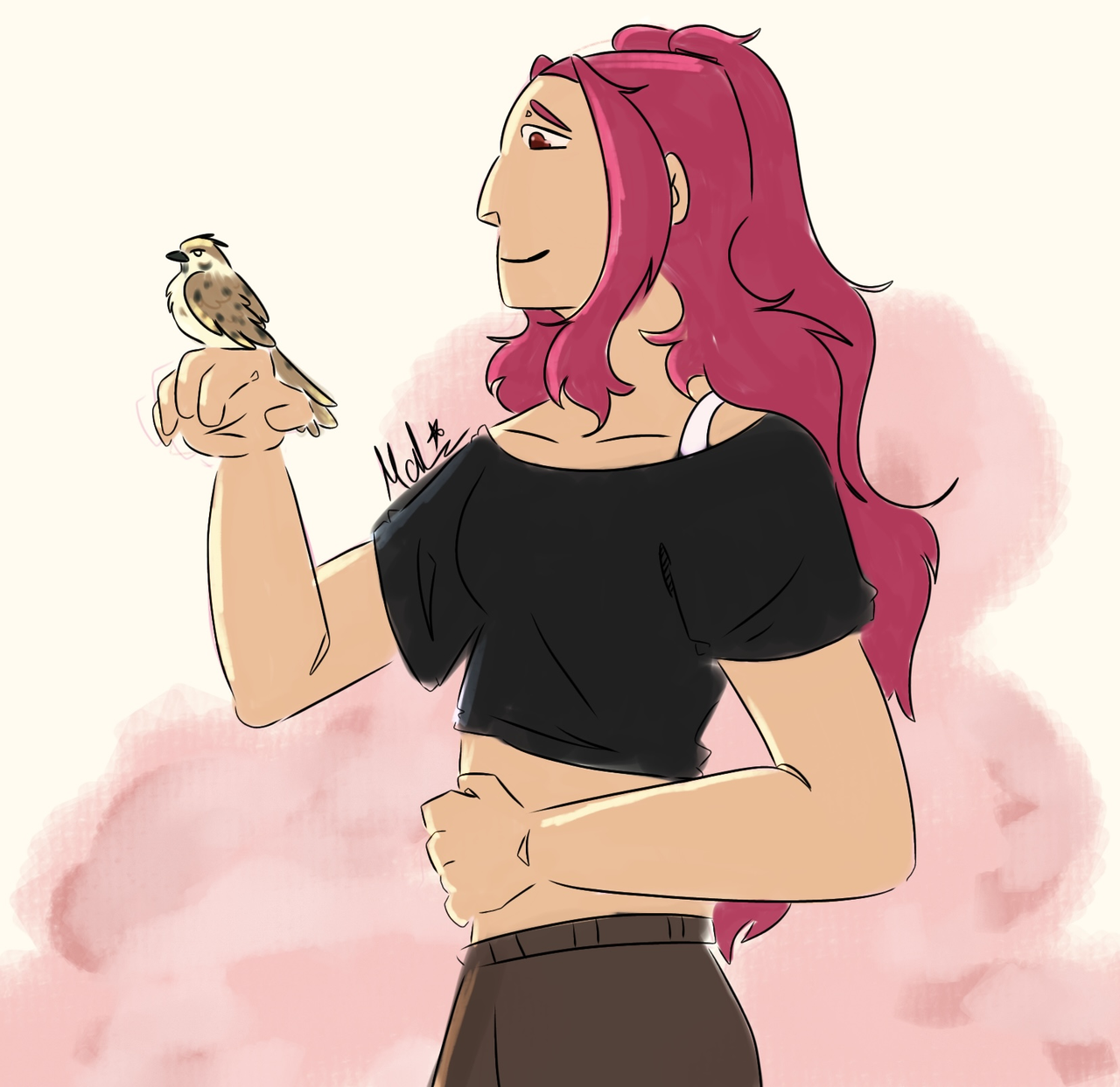 Art! Mira holding a house sparrow