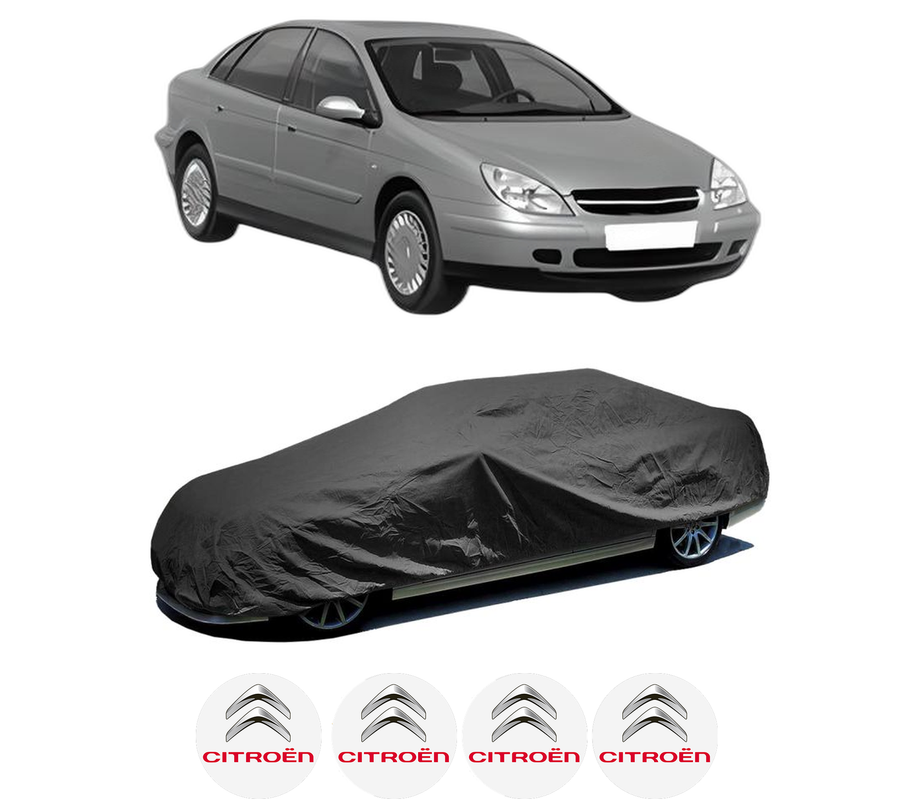 Husa tip prelata auto pentru CITROEN C5 I (DC_) din 2001-2004, Culoare Negru, material textil impermeabil, rezistanta la intemperii praf UV, CARPASSION Husa Protectie, 4 Stickere auto cu CITROEN