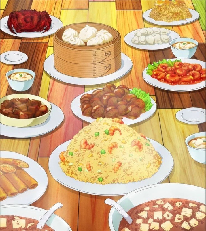 Table full of various dishes. Including fried rice, dumplings, meat balls, rise, springrolls.