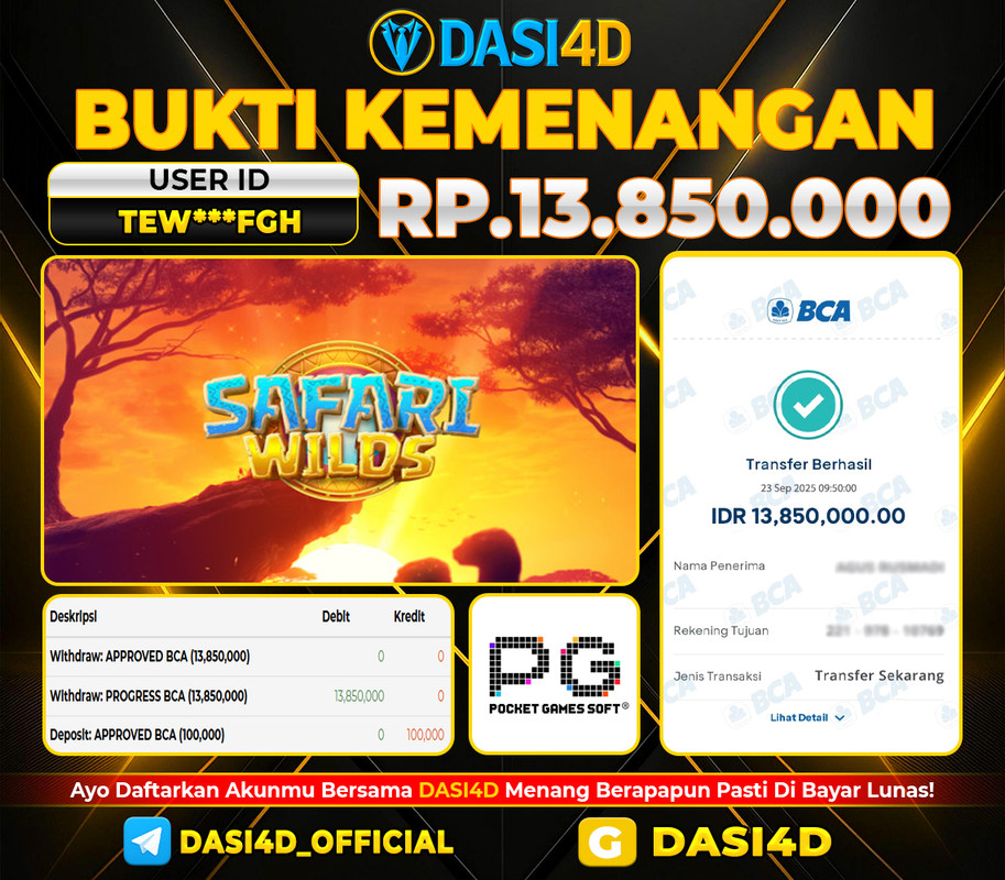 BUKTI KEMENANGAN 23 SEPTEMBER  2025 DI  SAFARI WILDS  RP. 13.850.000