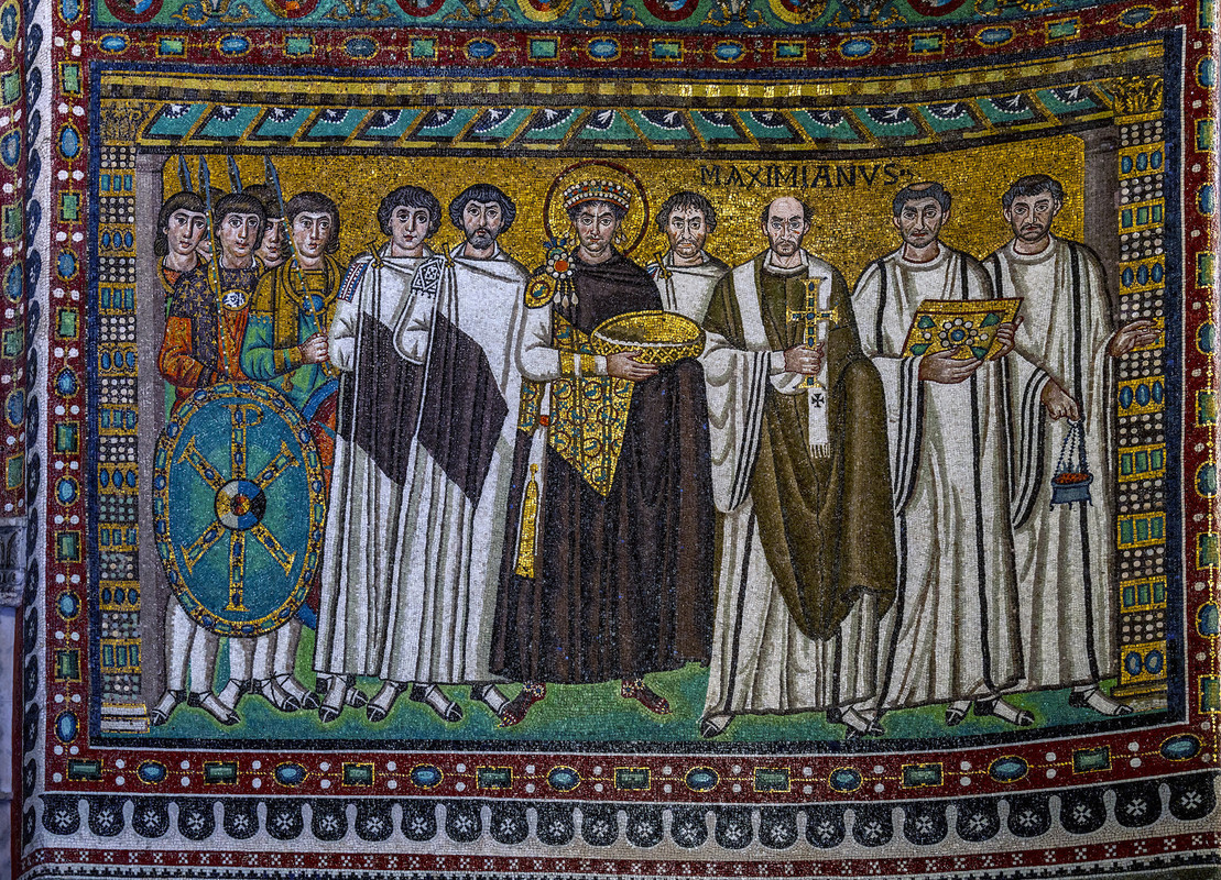 A photo of the piece being discussed in this passage: Justinian and His Attendants