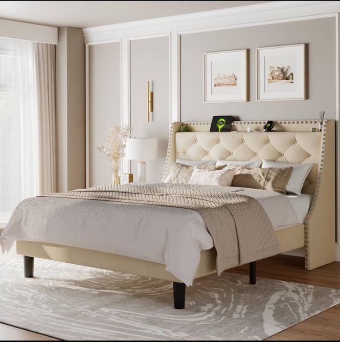 Modern platform bed in bright bedroom