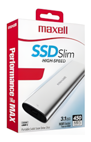 Disco Externo SSD Maxell de 2TB, mostrando su diseño delgado y moderno.
