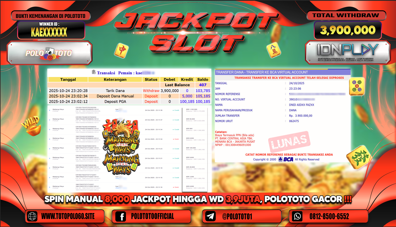 POLOTOTO JACKPOT SLOT MAHJONG WAYS 2 Rp.3.900.000,- LUNAS