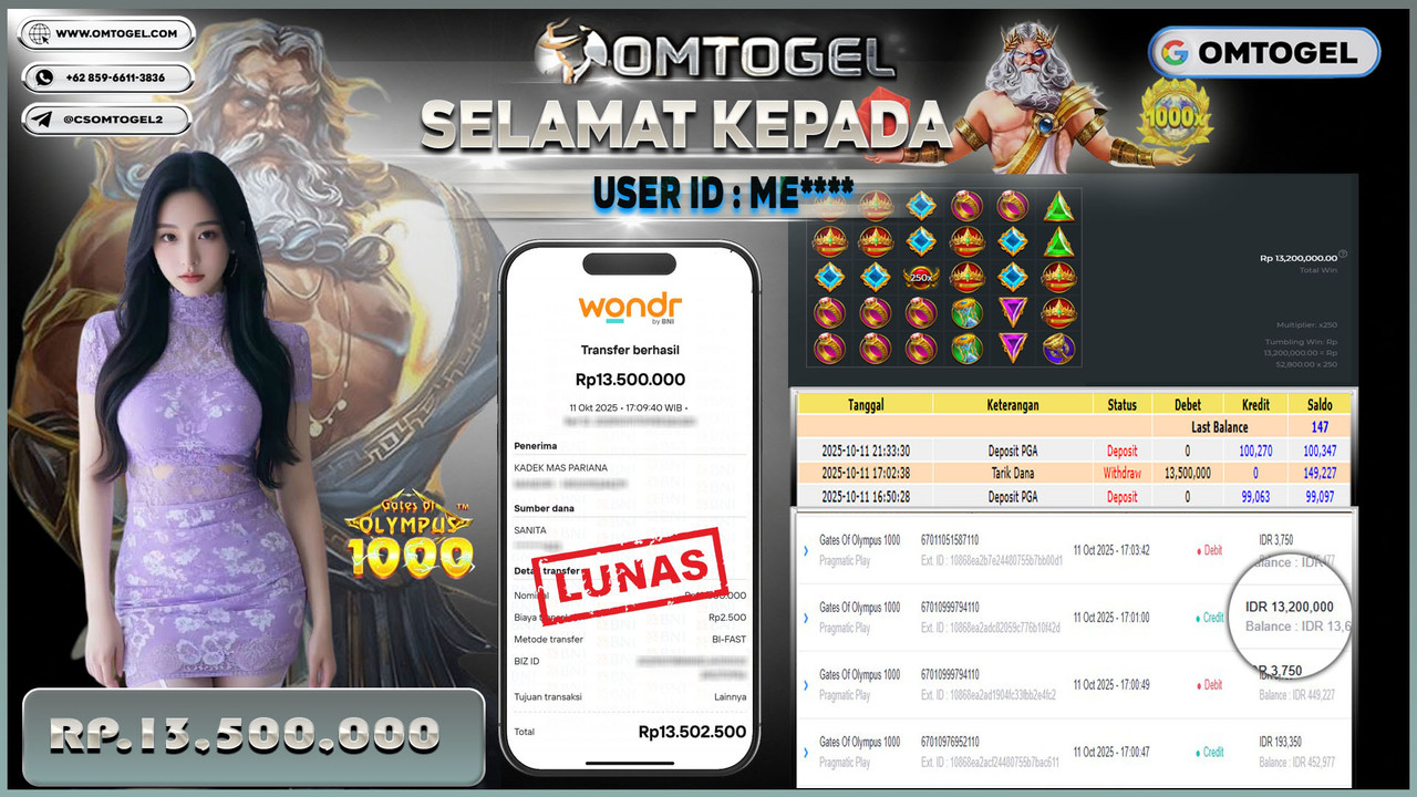 OMTOGEL JACKPOT PRAGMATIC PLAY GATES OF OLYMPUS 1000 13 JUTA DI BAYAR LUNAS ,-