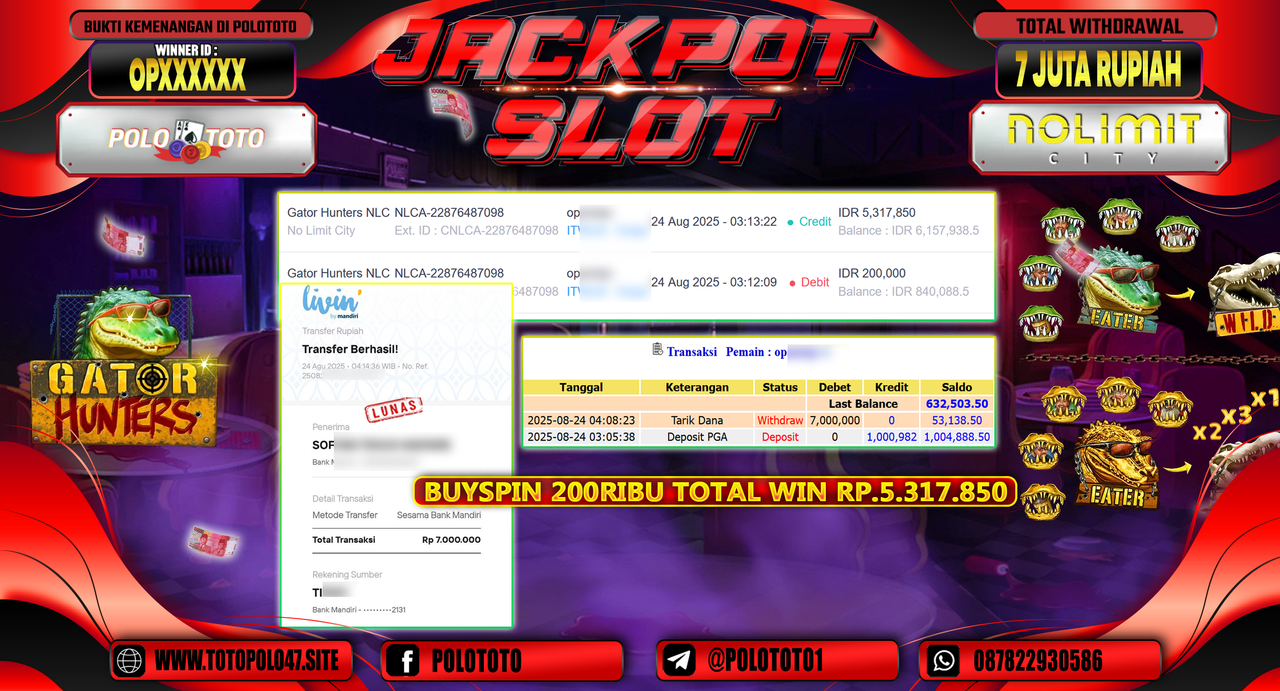 POLOTOTO JACKPOT SLOT GATOR HUNTERS NLC Rp.7.000.000,-