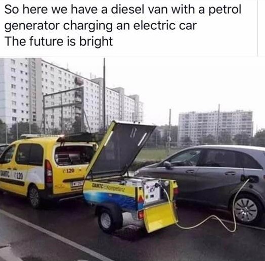 Electric Car being charged by a petrol generator towed by a diesel van