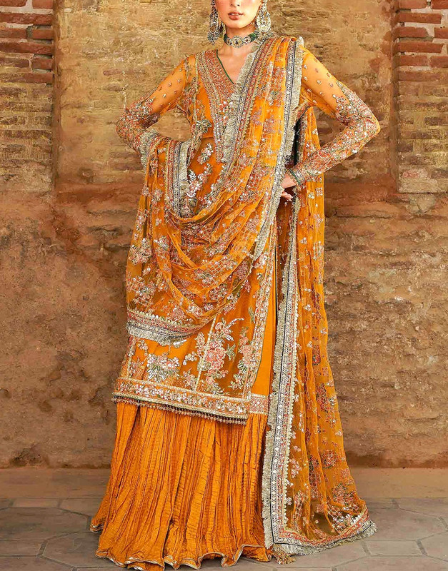 Luxury Handwork Embroidered Net Wedding Dress with Crushed Silk Gharara