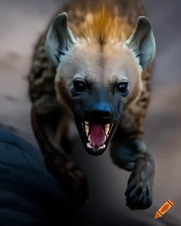 craiyon-103012-The-image-showcases-a-hyena-in-motion-seemingly-in-mid-stride-or-pounce-against-a-d