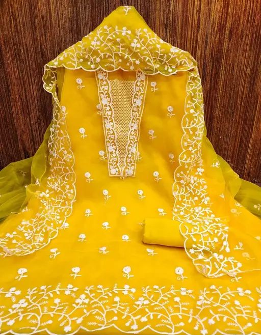 Women Yellow Embroidered Organza Suits & Dress Materials
(R117)