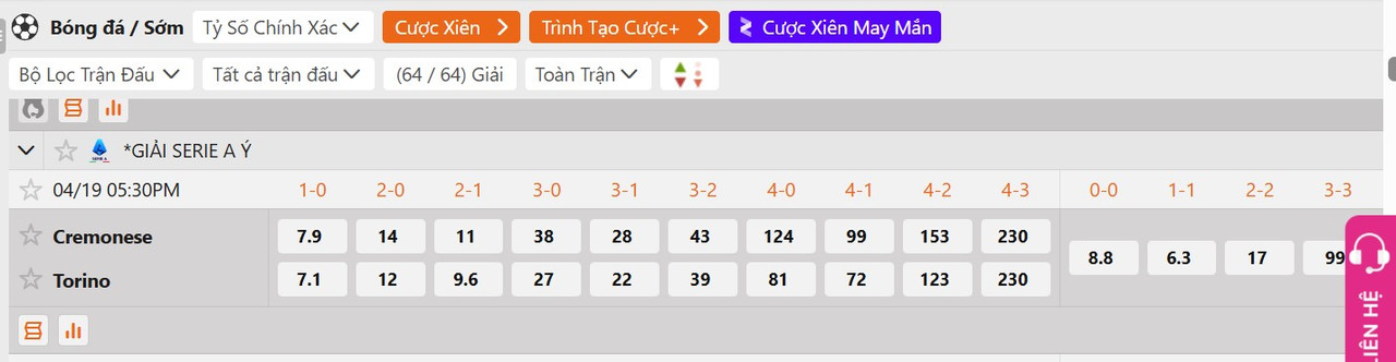 Tỷ lệ tỷ số chính xác US Cremonese vs Torino FC