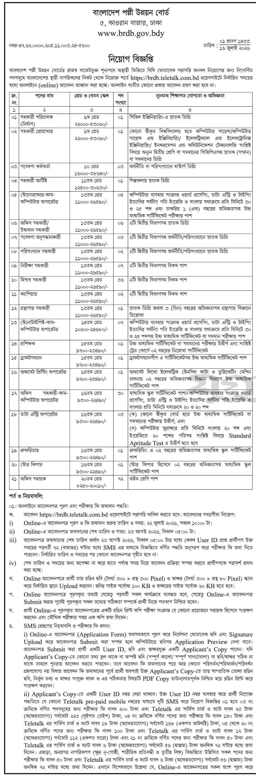 বাংলাদেশ পল্লী উন্নয়ন বোর্ড নিয়োগ বিজ্ঞপ্তি ২০২৬