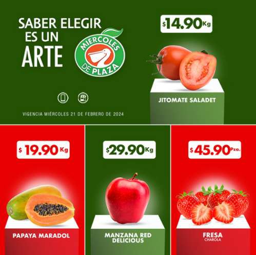 La Comer y Fresko: Miércoles de Plaza 21 Febrero: Jitomate $14.90 kg • Papaya $19.90 kg • Manzana Red $29.90 kg • Fresa $45.90 pza 
