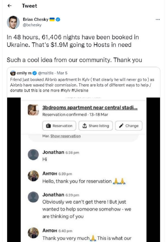 Kepala eksekutif Airbnb Brian Chesky mengungkapkan 61.406 malam telah dipesan di Ukraina dalam kurun waktu 48 jam.