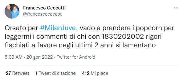 Orsato per #MilanJuve, vado a prendere i popcorn per leggermi i commenti di chi con 1830202002 rigori fischiati a favore negli ultimi 2 anni si lamentano