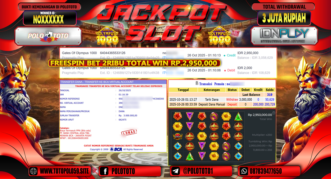 POLOTOTO JACKPOT SLOT GATES OF OLYMPUS 1000 Rp.3.000.000,- LUNAS