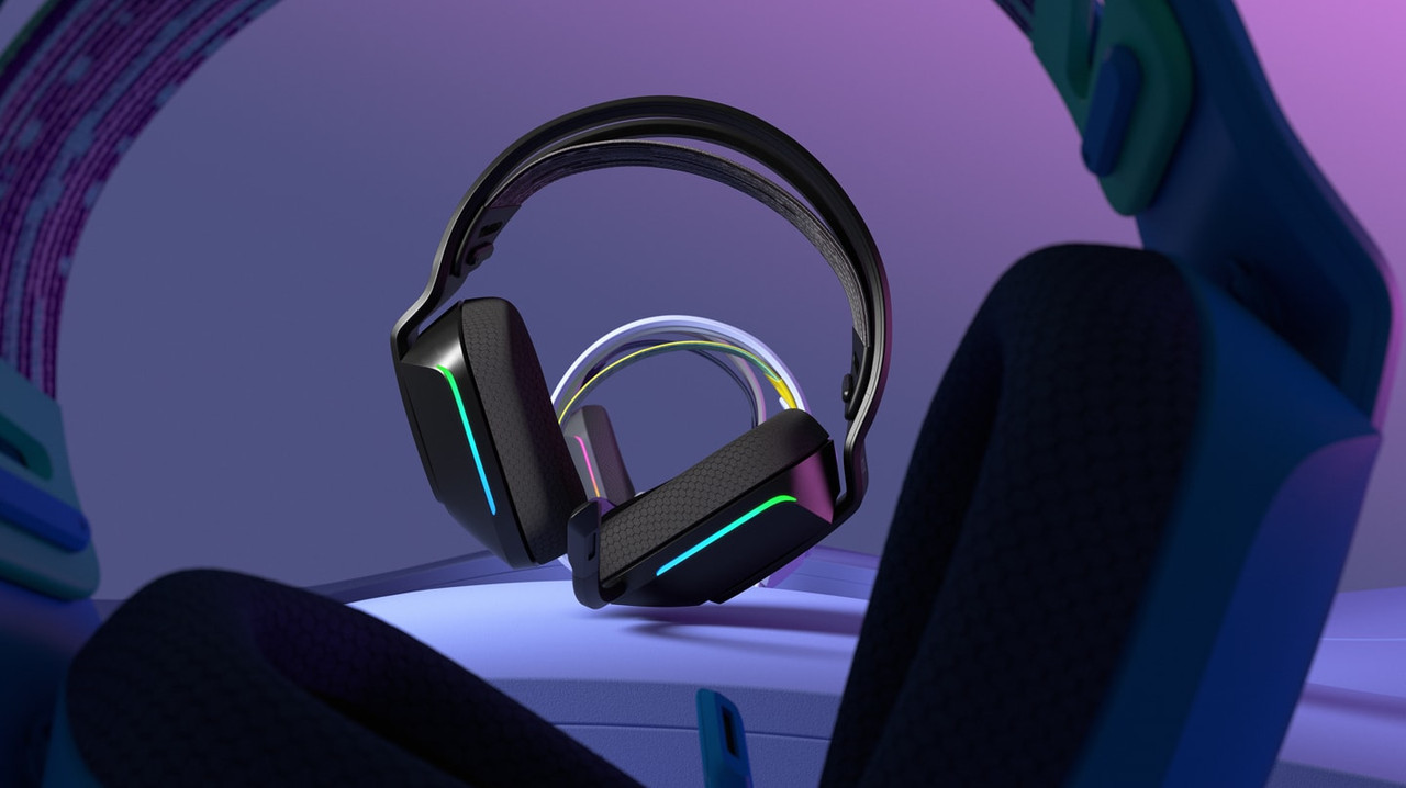 Detalle de la iluminación frontal LIGHTSYNC RGB de los audífonos Logitech G733.
