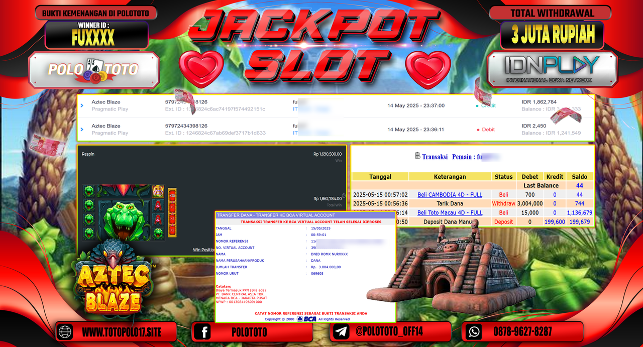 POLOTOTO JACKPOT SLOT AZTEC BLAZE Rp.3.004.000,-