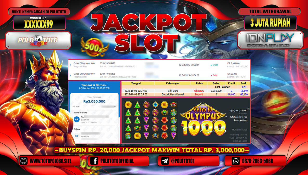 POLOTOTO JACKPOT SLOT GATES OF OLYMPUS 1000 Rp.3.000.000,- LUNAS