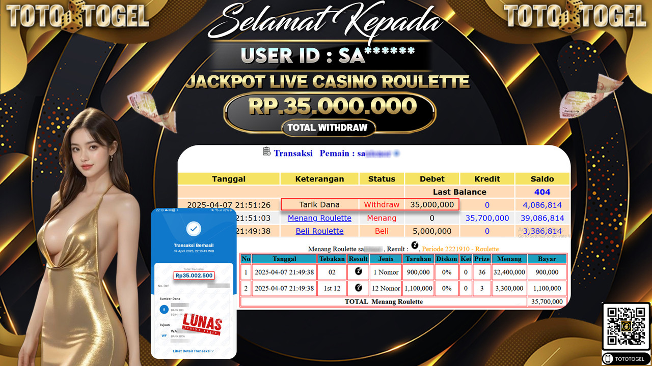Bukti Pembayaran Jackpot  Permainan Live Casino Roulette ID:SA**** LUNAS