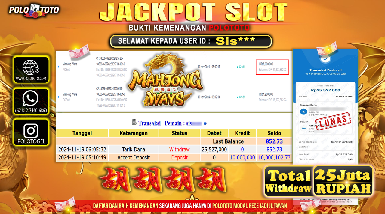 POLOTOTO JACKPOT SLOT MAHJONG WAYS Rp.25.000.000,- 