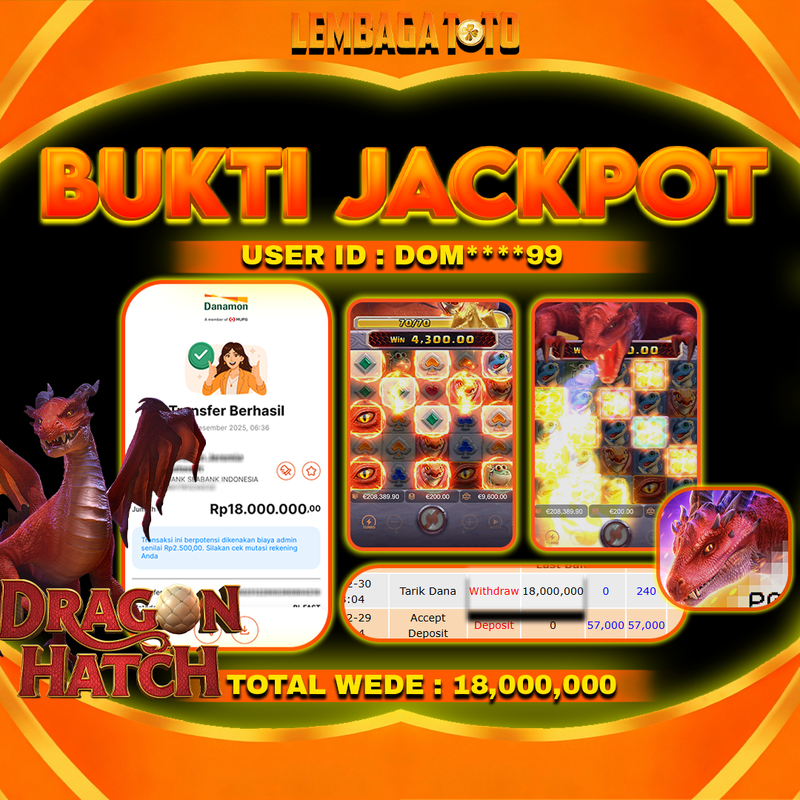 BUKTI JACKPOT 30 DECEMBER LEMBAGATOTO DRAGON HATCH Rp18,000,000,- LUNAS