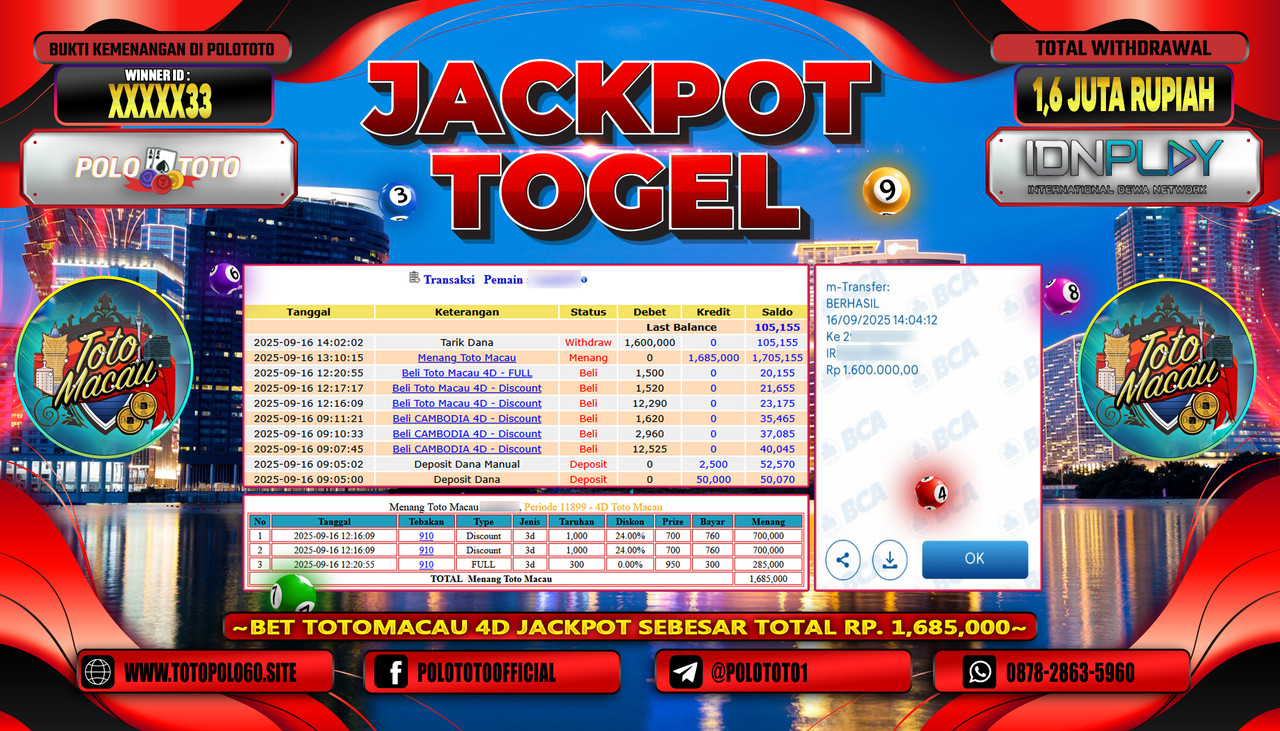 POLOTOTO JACKPOT TOGEL TOTO MACAU Rp.1.600.000,-LUNAS