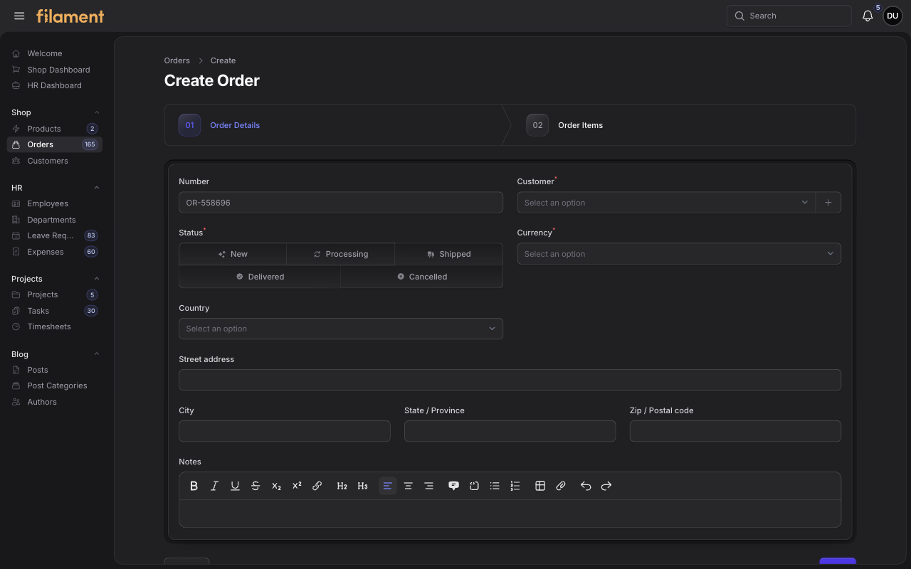 Stature Theme Order create page in dark mode