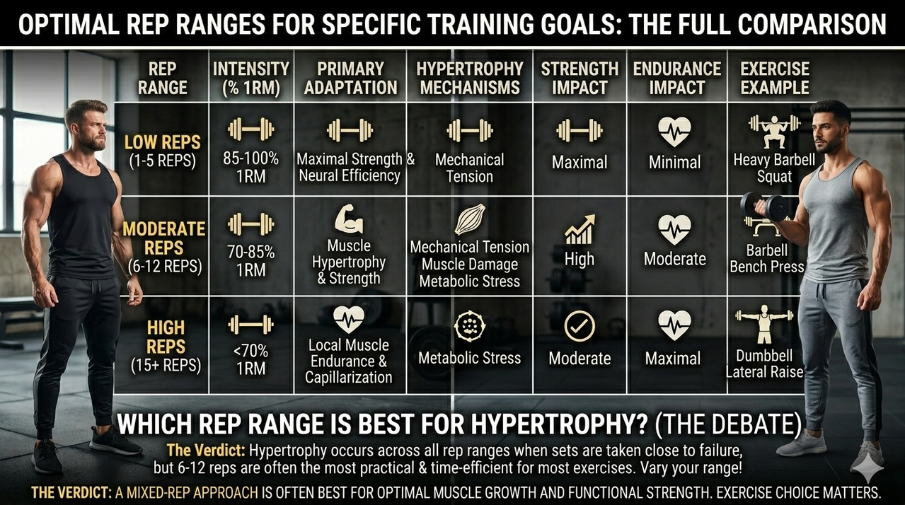 Chart comparing low, moderate, and high rep ranges for hypertrophy, strength, and endurance for high reps vs low reps which is best for hypertrophy
