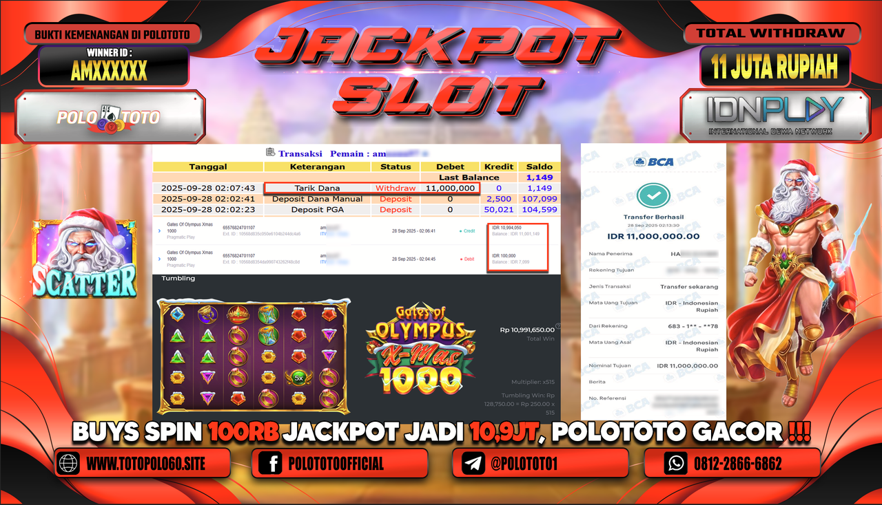 POLOTOTO JACKPOT SLOT GATES OF OLYMPUS XMAS 1000 Rp.11.000.000,- LUNAS