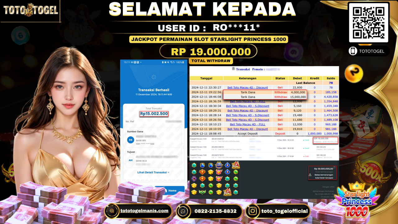 Bukti Pembayaran Jackpot Permainan Slot Starlight Princess 1000 ID: RO***11* LUNAS