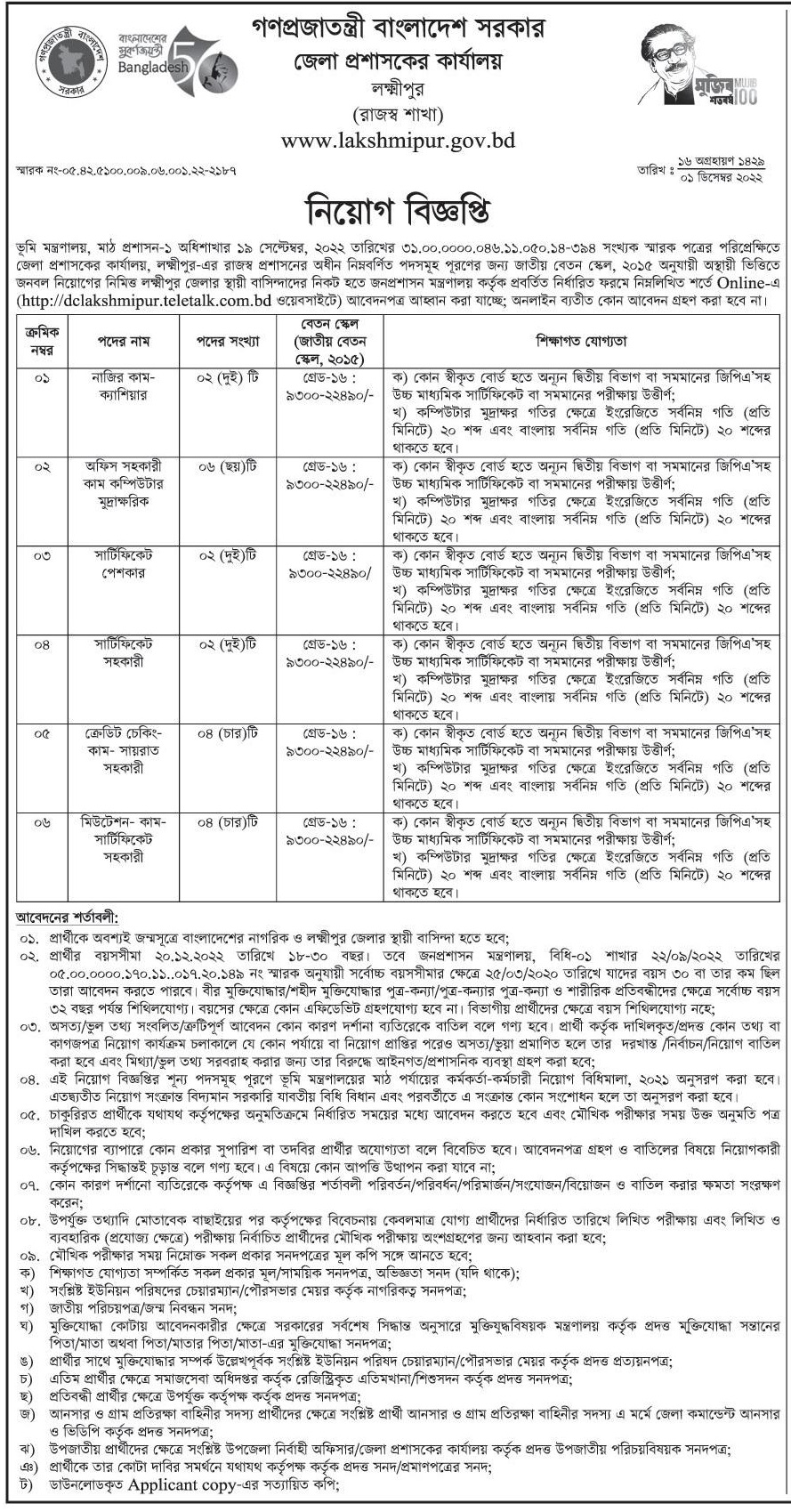 ২০ টি পদে লক্ষ্মীপুর জেলা প্রশাসকের কার্যালয়ে নিয়োগ বিজ্ঞপ্তি ২০২২ প্রকাশিত হলো। 5