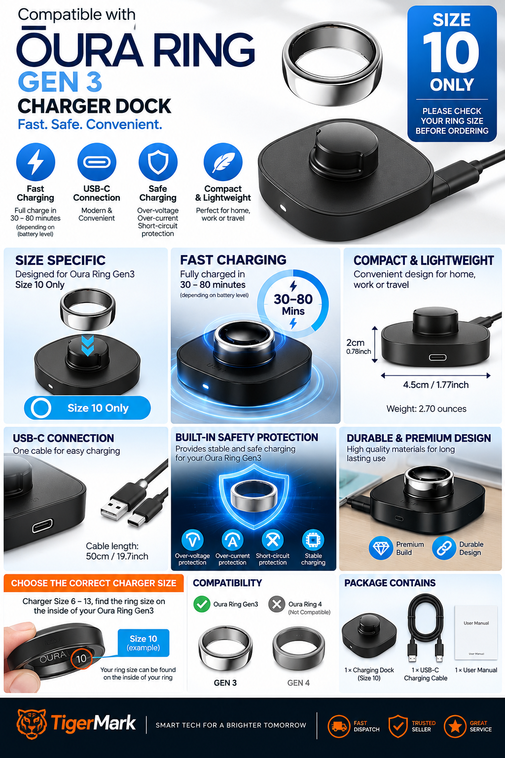 Oura Ring Gen3 Size 10 USB-C Fast Charging Dock