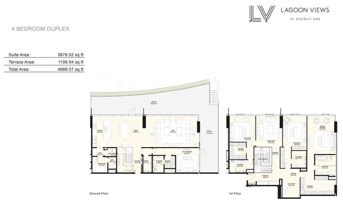 Lagoon Views 4-bedroom duplex keyplan and unit layout in MBR City District One Phase 3 showing G+1 configuration and terrace arrangement for a luxury Dubai Distress Deal property