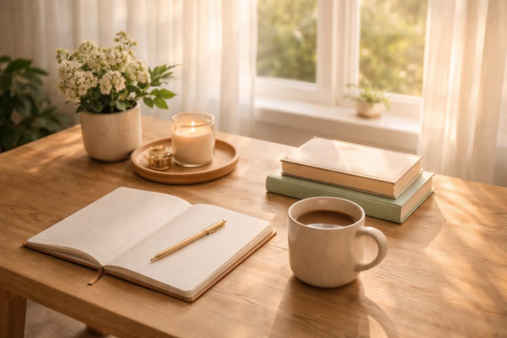 Caderno, café e estudos de inglês
