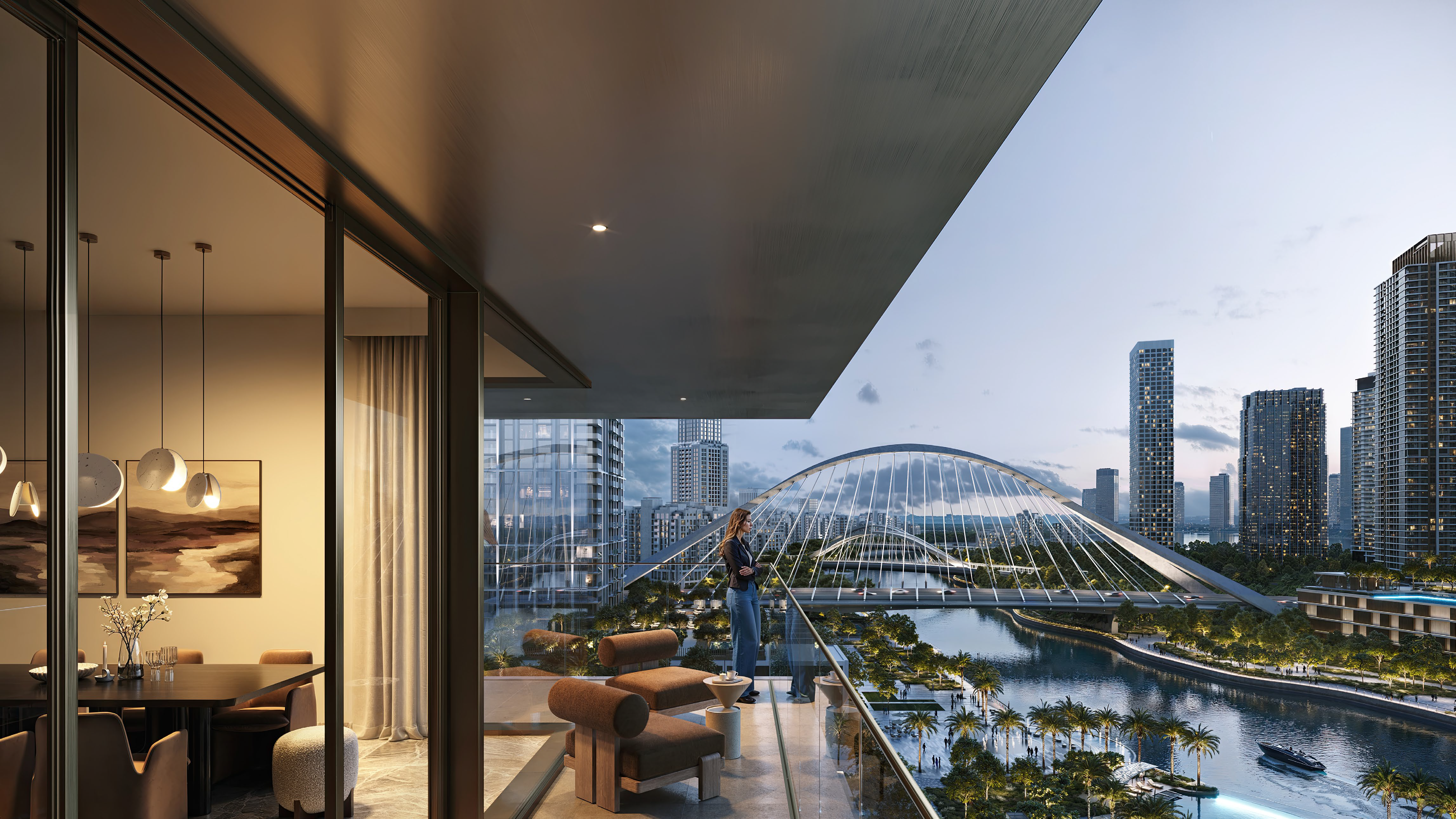 Exterior architectural rendering of Palace Residences Creek Blue waterfront tower at Dubai Creek Harbour featuring modern glass facade luxury residences overlooking the creek skyline, promoted as a Palace Residences Creek Blue Distress Deal investment opportunity in Dubai