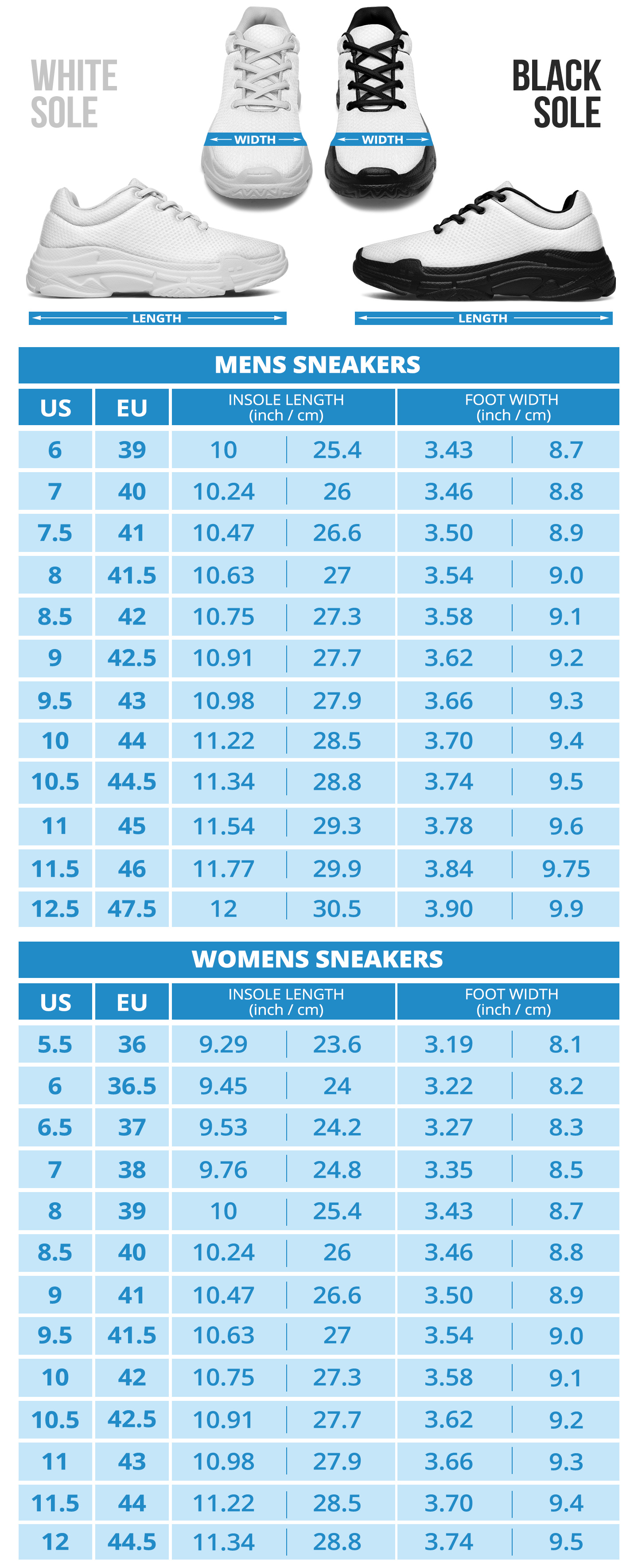 Racing Chunky Sneakers sizing chart