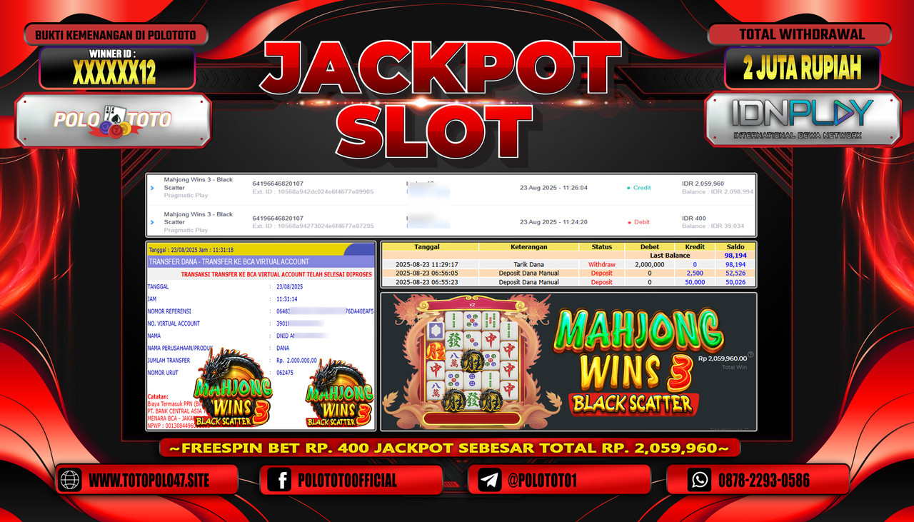 POLOTOTO JACKPOT SLOT MAHJONG WINS 3-BLACK SCATTER Rp.2.000.000,- LUNAS