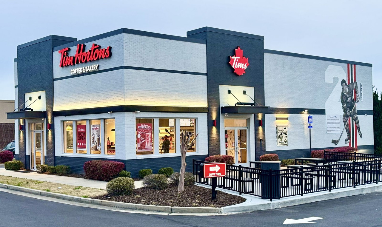 Exterior of a Tim Hortons drive-thru restaurant.