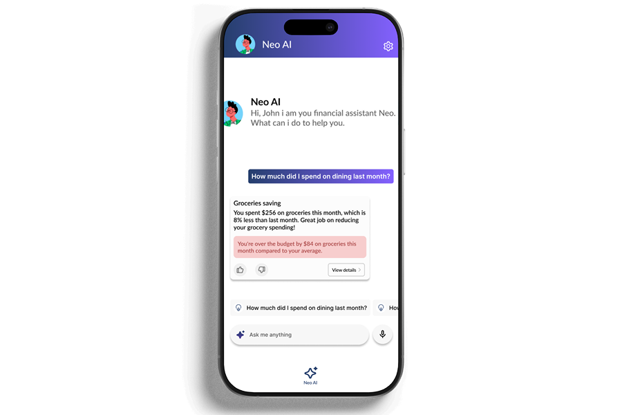 Neo AI conversational insight showing spending analysis