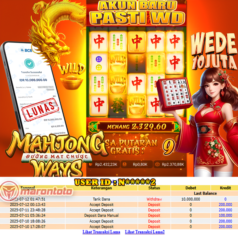 Bukti Kemenangan Member Marontoto Sebesar 10,000,000 JuTa