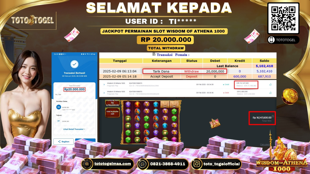 Bukti Pembayaran Jackpot  Permainan Slot Wisdom Of Athena 1000  ID:TI****  LUNAS