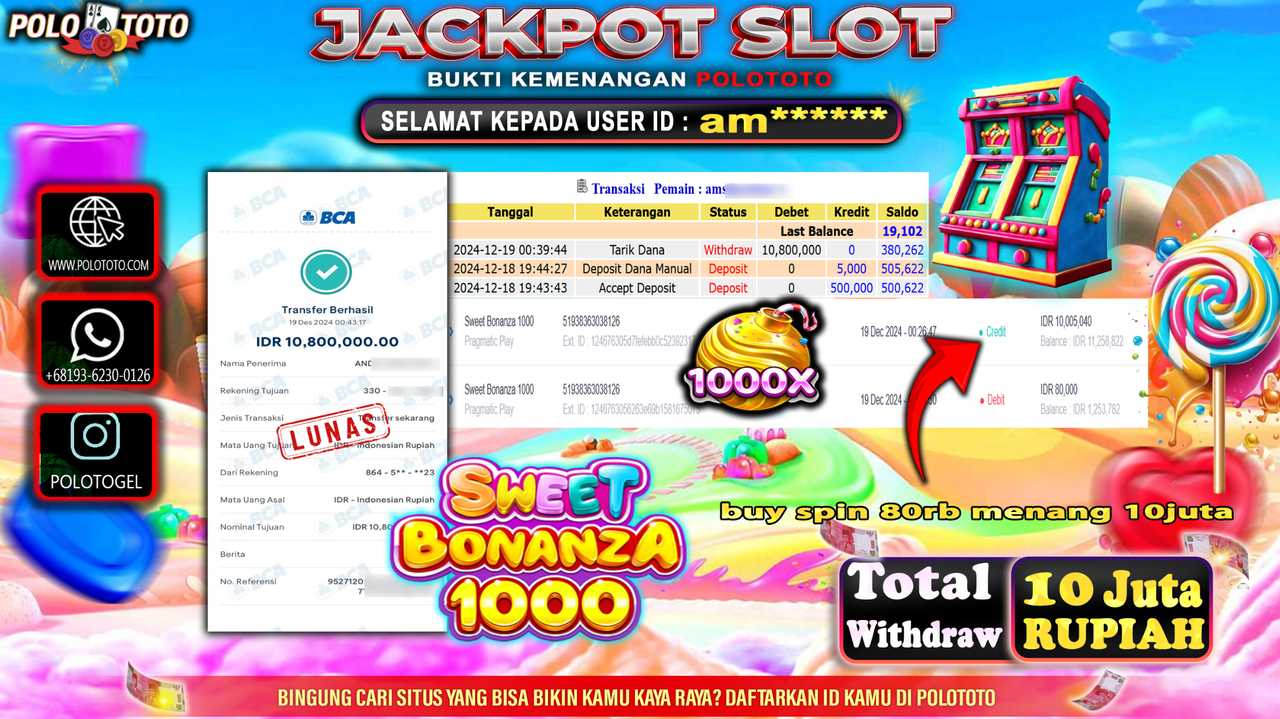 POLOTOTO JACKPOT SLOT SWEET BONANZA 1000 Rp.10,800.000,-
