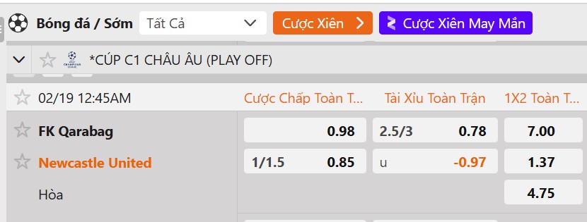 Tỷ lệ kèo Qarabag vs Newcastle