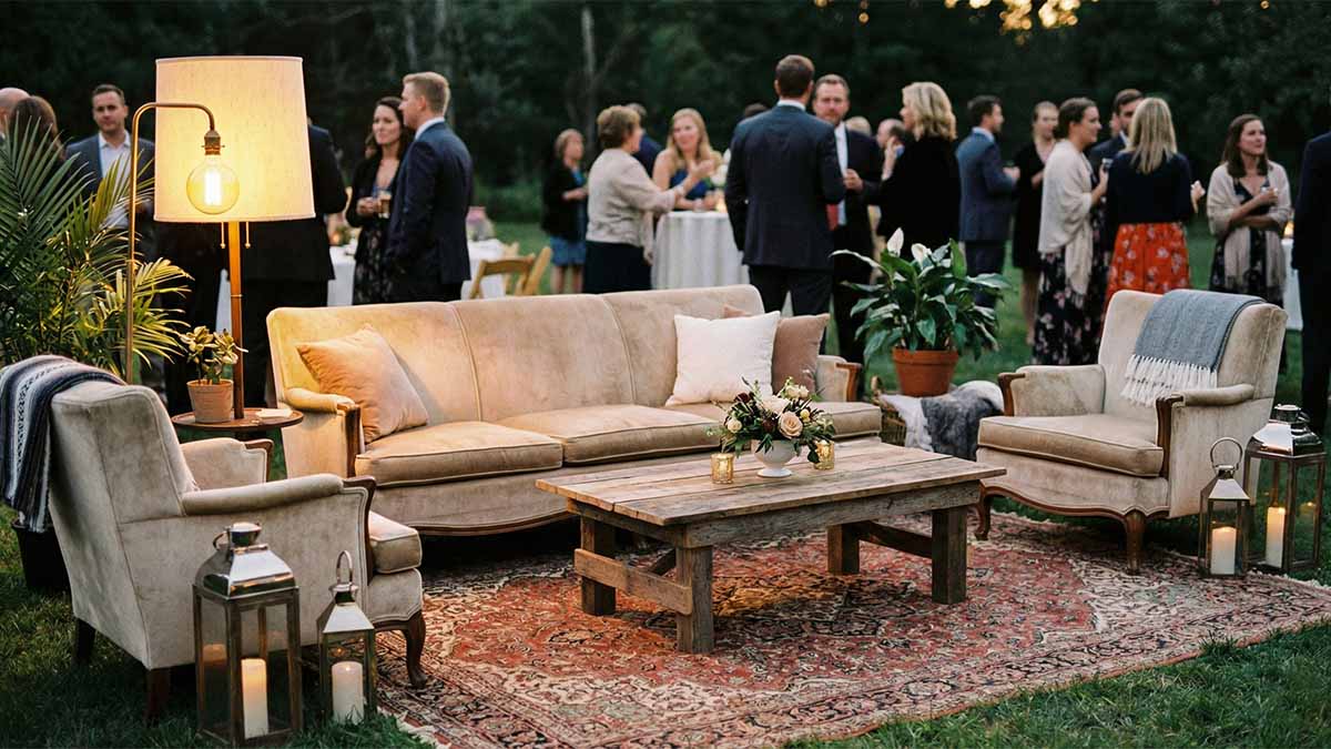 Уютная лаунж-зона на свадьбе с диваном, креслами и ковром