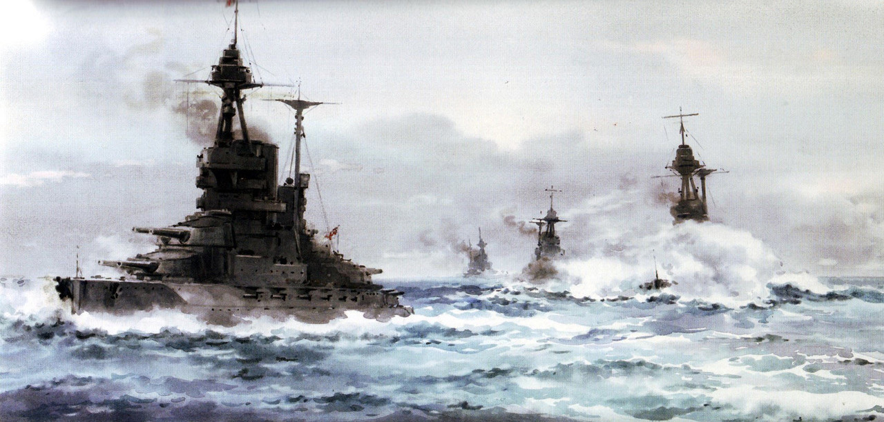 La 5º Flota de Batalla durante la Batalla de Jutlandia, encabezados de nuevo por el HMS Barham, seguido del HMS Valiant, el HMS Warspite y el HMS Malaya