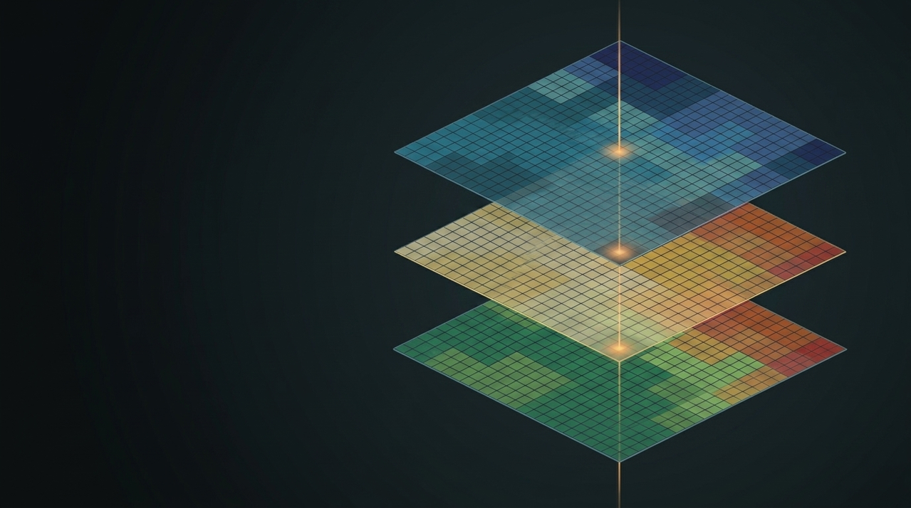 Three translucent data layers stacked in isometric view with a single beam of light passing through all three